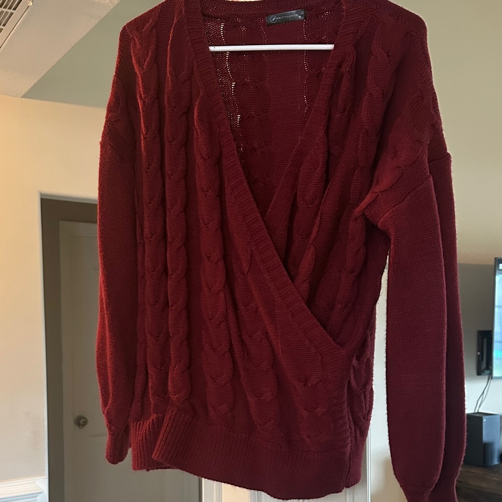 Women's Cable Knit Wrap Sweater - Deep Red